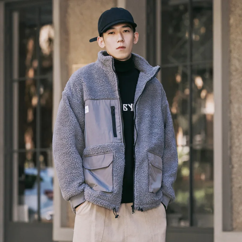 

Origional Men'S Wear Shu 2019 Patchwork Joint Stand Collar Lambs Wool Cotton Coat Men Winter Coat Thick Cotton Clothes