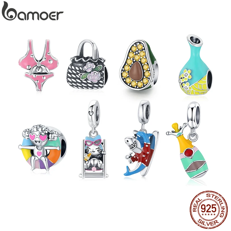 Bamoer 925 пробы Серебряная Сумка Пляжная кошка бикини скейтборд Радуга Сердце
