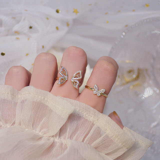 Gold Hollow Butterfly CZ Ring for Women Adjustable Open Design Pave Zircon Butterfly Ring Wedding Jewelry Gift