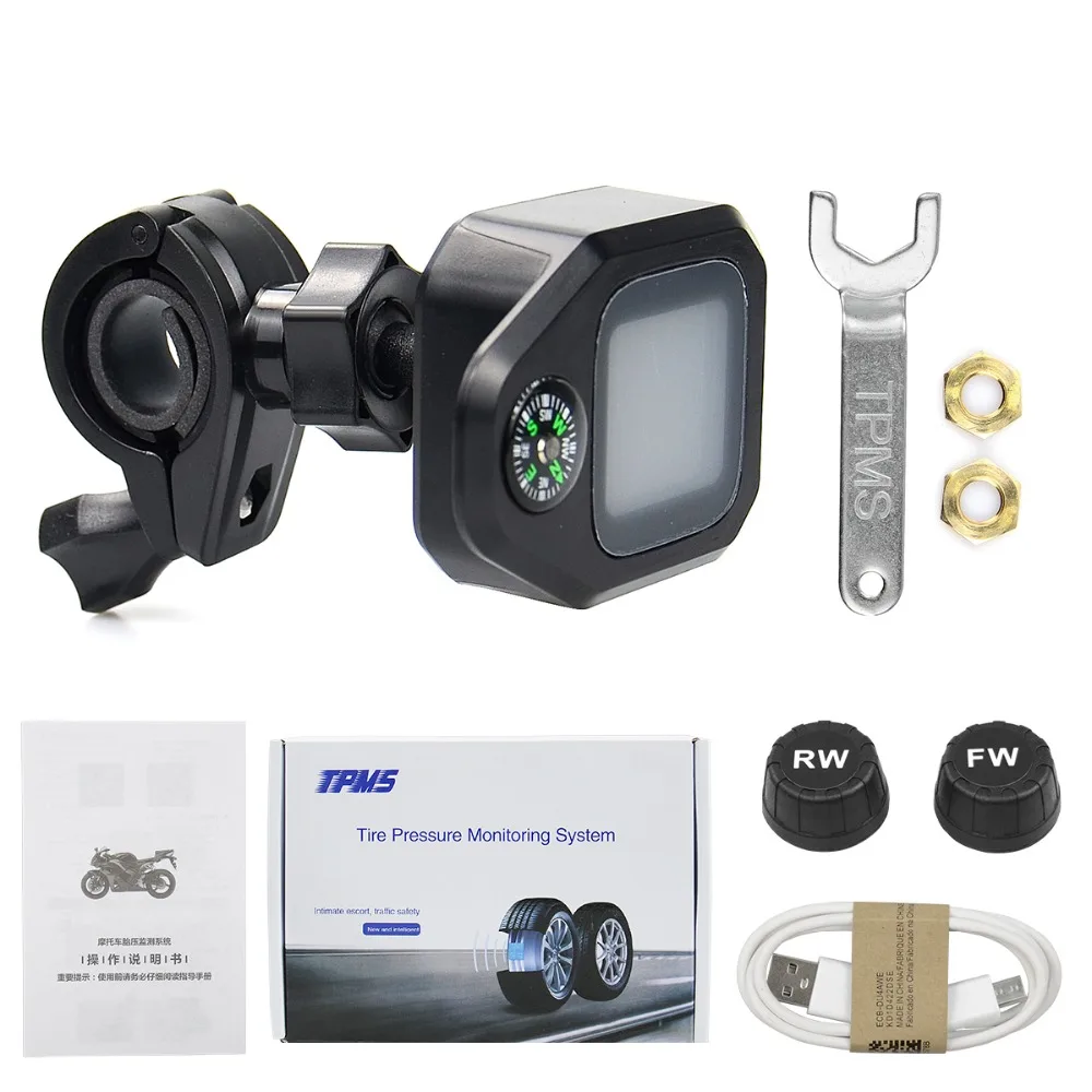 USB Solar Charging Motorcycle TPMS Motor Tire Pressure Tyre Temperature Monitoring Alarm System with 2 External Sensors Newest