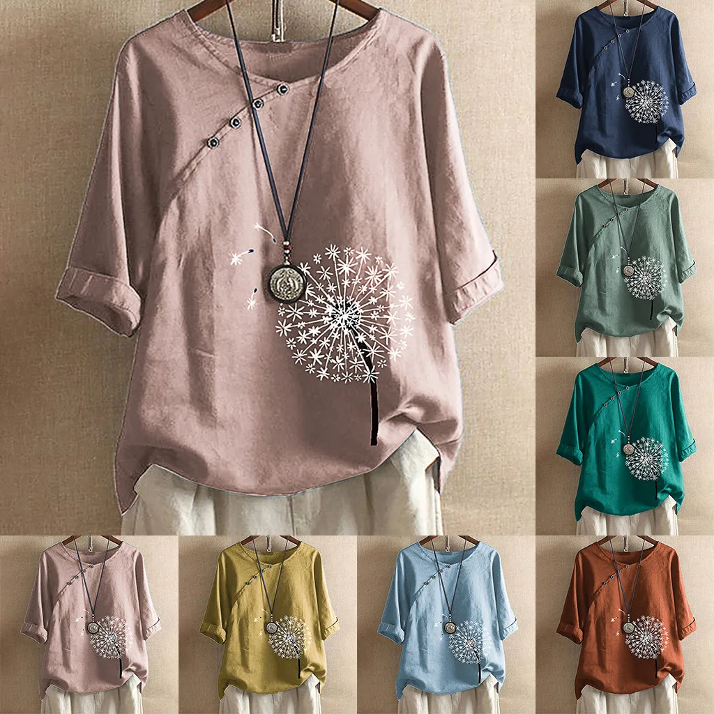 RUIVE Women’s Vintage Floral Print Blouse Casual Half Sleeve Button V Neck Long Sweatshirt Ladies Plus Size Tops 