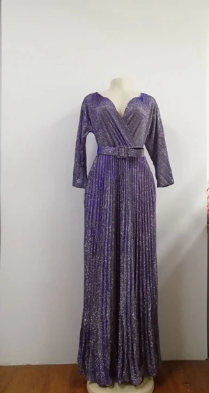 Стильное блестящее светоотражающее плиссированное платье с широкой юбкой с поясом летнее женское Элегантное Длинное Платье макси с длинным рукавом и v-образным вырезом - Цвет: Фиолетовый
