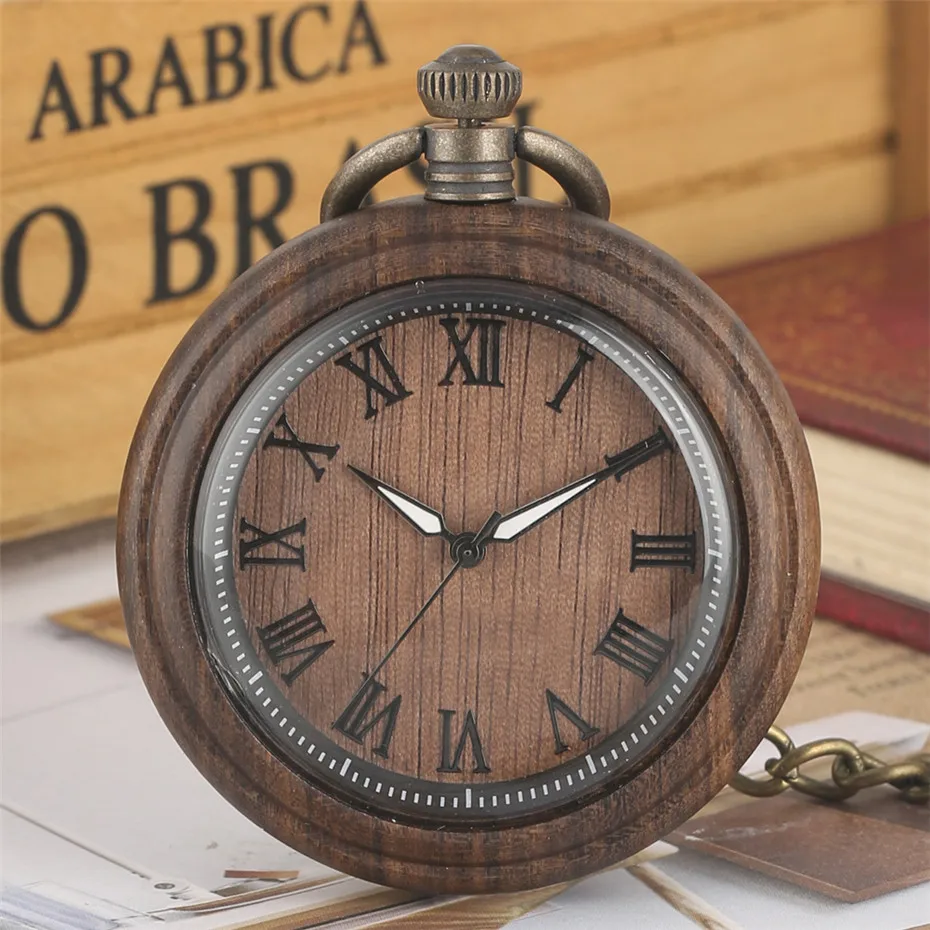 

Coffee Brown Wood Watch Vintage Hanging Clock Quartz Pocket Watches Roman Numerals Pendant Clock Bronze Chain Relogio De Bolso