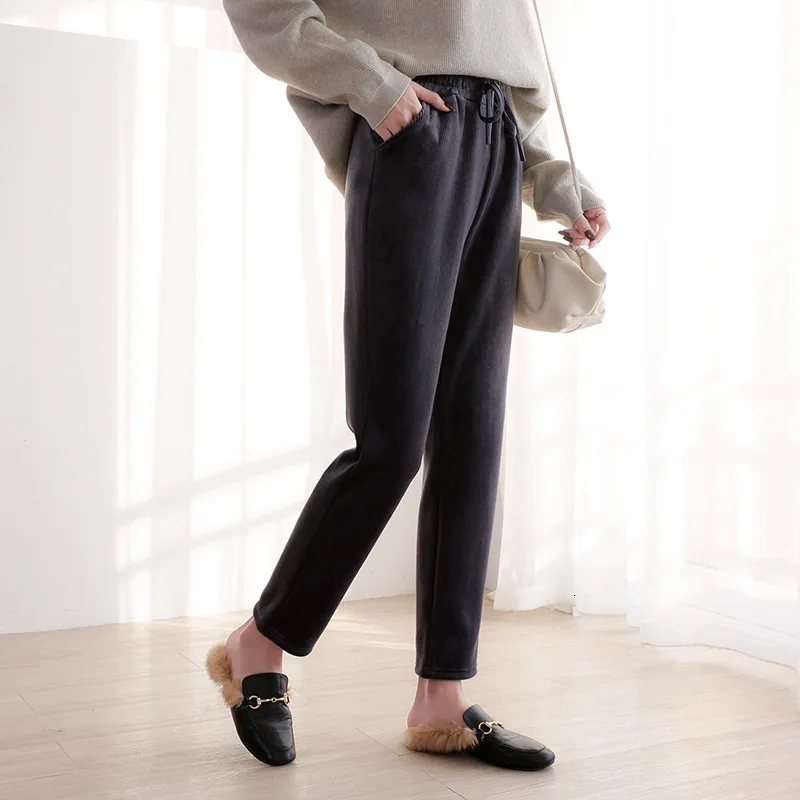 Утолщенные зимние норковые женские штаны, свободные мягкие эластичные теплые Вельветовые женские брюки, белые черные повседневные Большие размеры