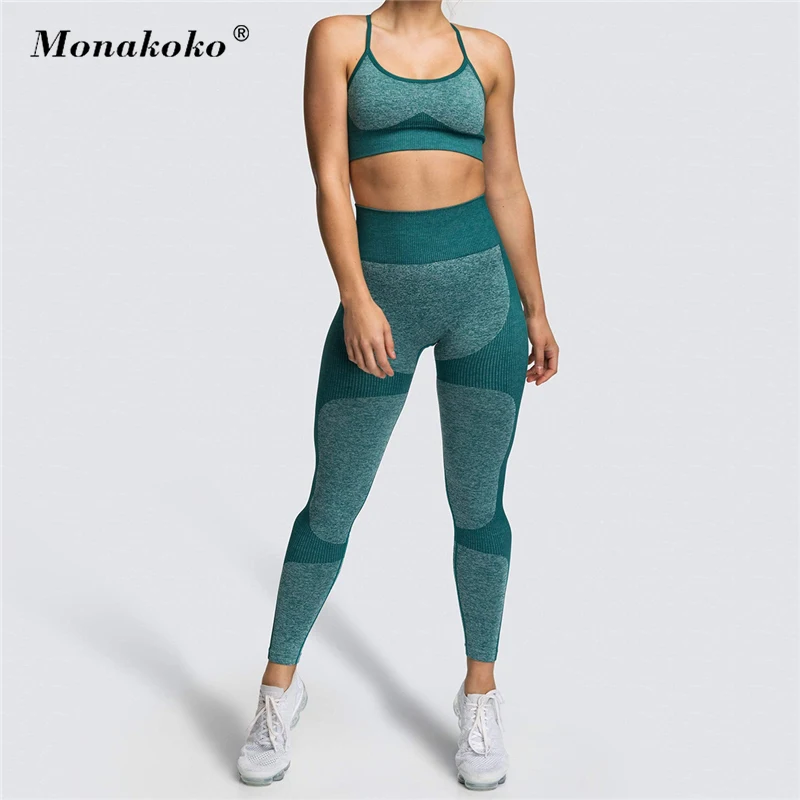 

Splice Seamless Yoga Set Women Two 2 Piece Sling Backless Crop Top Bra Leggings Sport Suit clothing workout Gym Wear Fitness Set