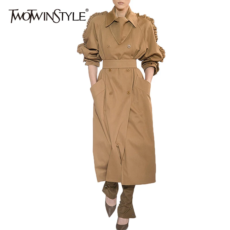 TWOTWINSTYLE элегантный Однотонный женский Тренч воротник с лацканами Высокая талия