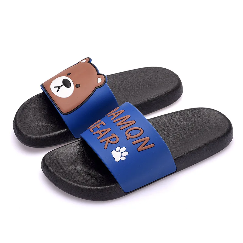 Летние домашние тапочки для девочек и мальчиков; детская пляжная обувь с единорогом и медведем; нескользящие Вьетнамки для ванной комнаты; шлепанцы для плавания - Цвет: Bear Black Blue