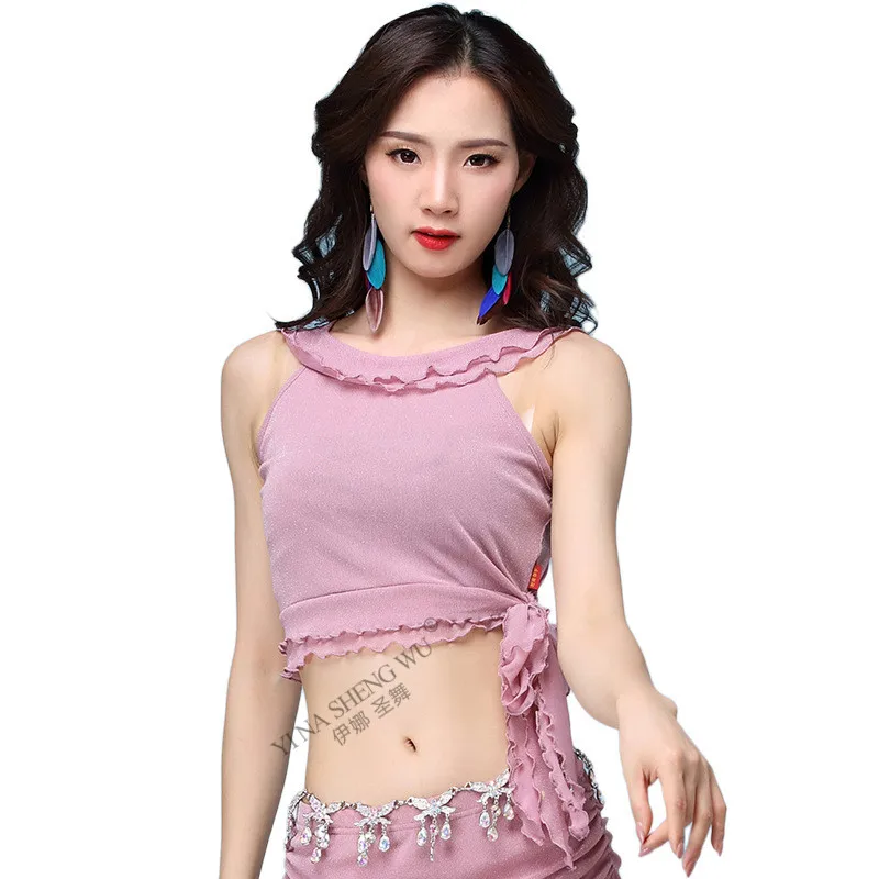 Pink-Top Новинка, женская сексуальная сетчатая одежда, 5 цветов, короткий рукав+ юбка, 2 предмета, для танца живота, тренировочный костюм для женщин, комплект для танца живота, топ+ юбка - Цвет: Pink-Top