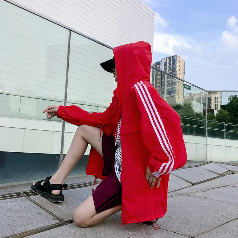 

Autumn Hooded Bomber Jacket Women Loose Summer Thin Jacket Women BF Wind Hip Hop Coat Plus Size Long Sleeve Coat Sunproof