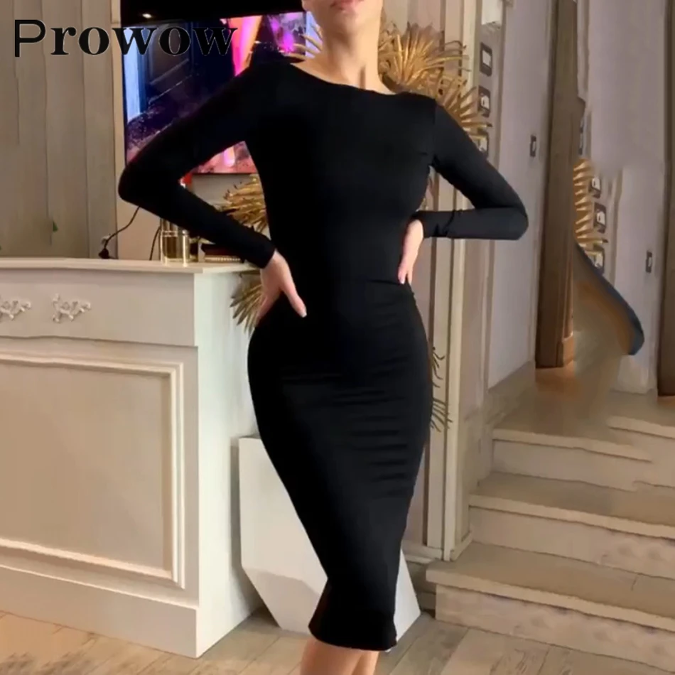 Prowow Solid Back Zipper Tight Dress Spring Autumn Women Fashion Slim Clothes Female Long Sleeve Knee-Length Round Neck Dresses