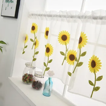 

1PC Rod Pocket W100xL55cm Voile Sheer Valance Curtain for Small Window Sunflower Embroidery Tier Kitchen Cafe Hotel DL186C
