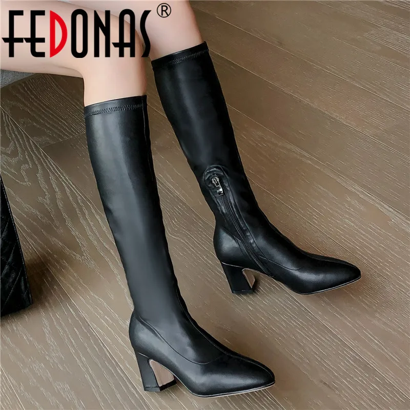 

FEDONAS Elegant Women Leather Flock Knee High Boots Night Club Shoes Woman High Heels Stretch Riding Boots Sexy Big Size Boots