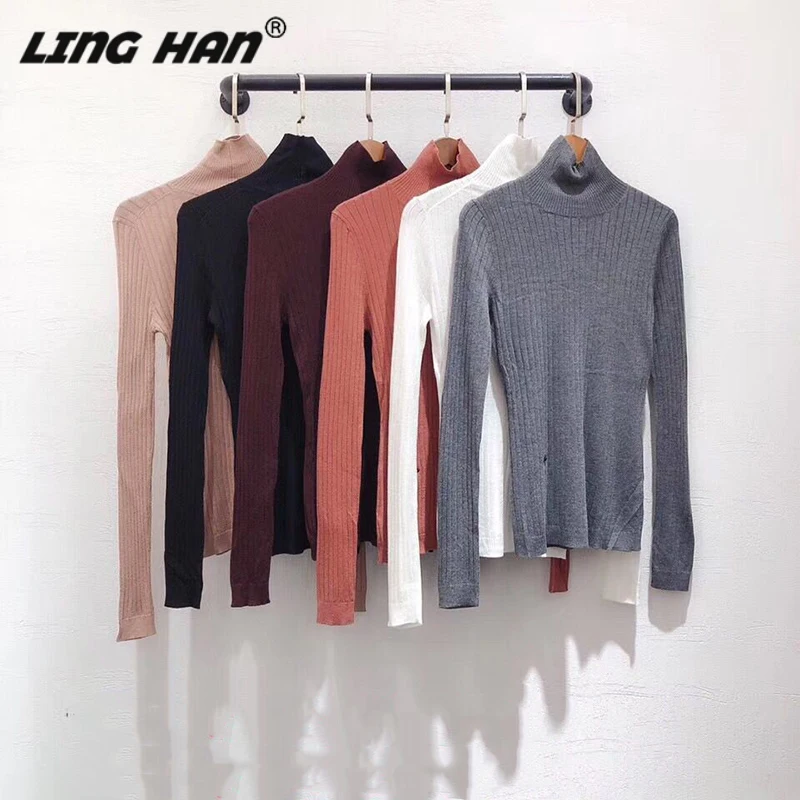 

LINGHAN women's sweater casual solid color high collar pullover 6 color autumn winter basic cashmere+silk bottoming sweater