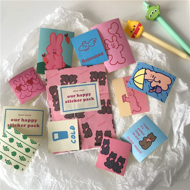 

11 Sheets Cartoon Bear Small Rabbit Cute Decorative Stickers Waterproof Kawaii phone shell Notebook Sealing Sticker Stationery