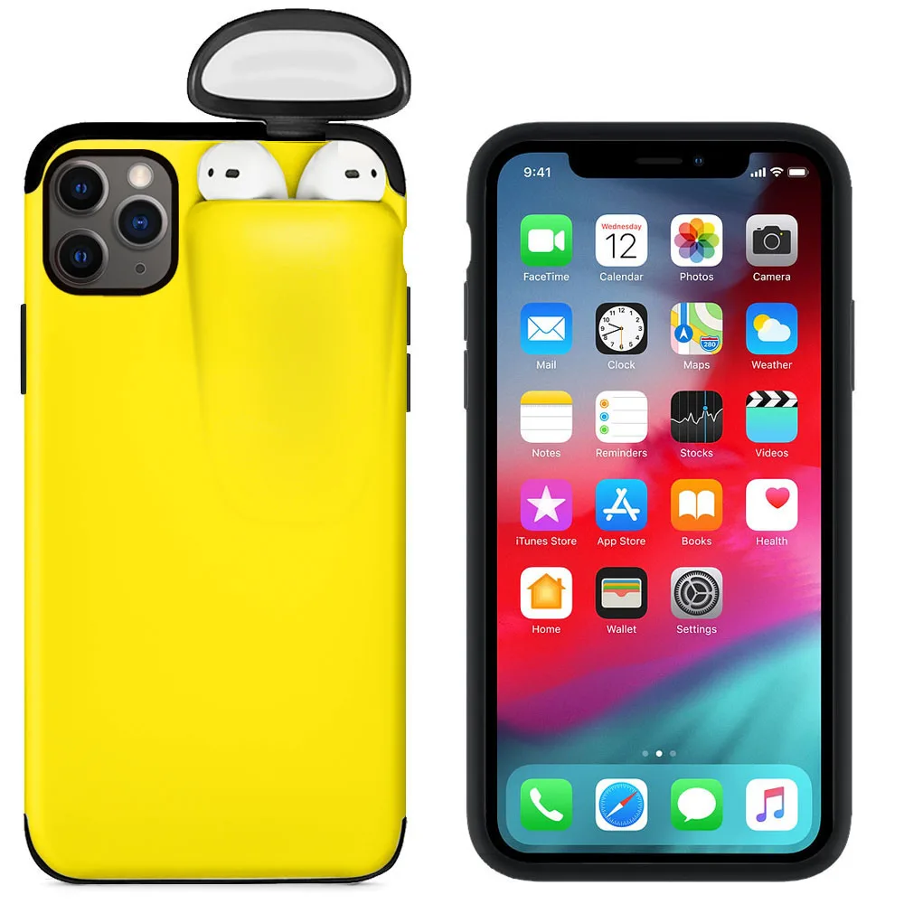 Силиконовый чехол для телефона 2 в 1 коробка для хранения наушников iPhone 11 Pro XS MAX чехол для телефона подходит для AirPods коробка для хранения - Цвет: Yellow
