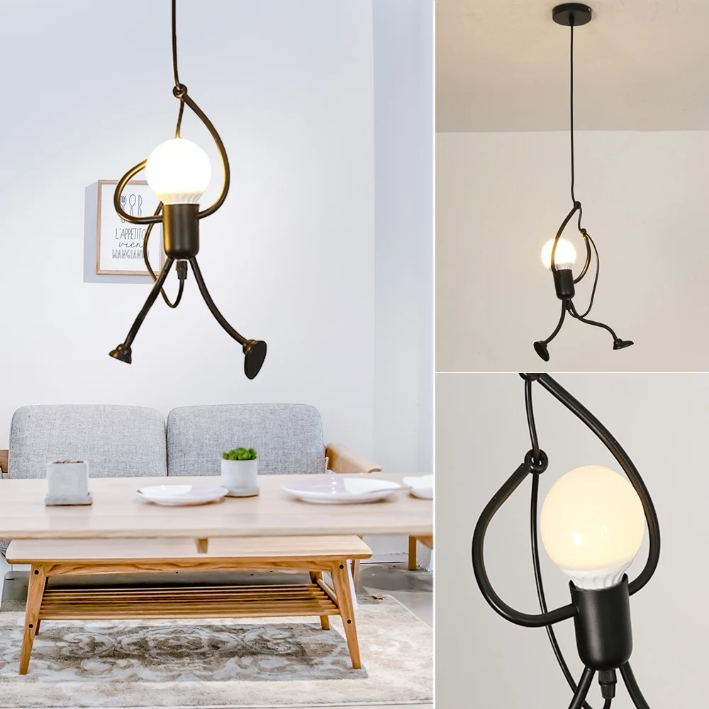 

1PC Black Vintage Creative Chandelier Light Indoor Iron Robot Pendant Lights For Living Bedroom Dining Bar Use E27 Light Bulb