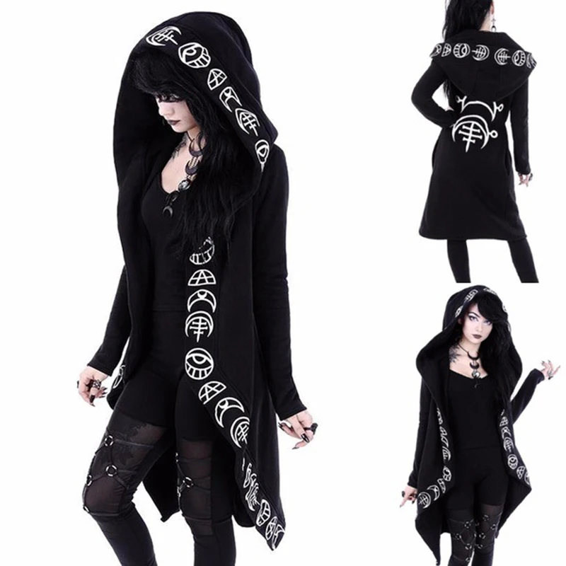 Gothic Punk Black Long Women Felpe Con Cappuccio Felpe Giacca Moon Stampato Plus Size Cappotto Sciolto Cardigan Costume Cosplay Di Halloween