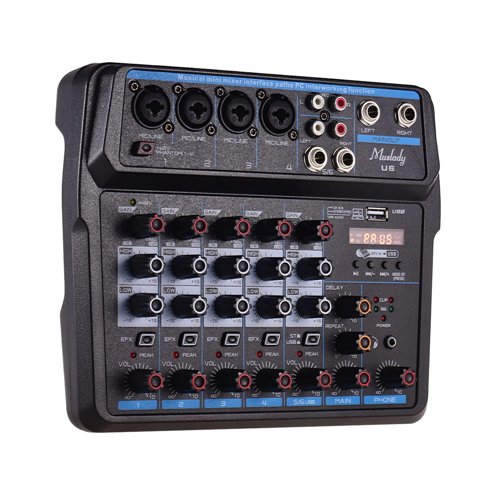 Canais de Áudio Console de Mistura com Placa de Som Plugue da ue Muslady Musical Mini Mixer 6 Misturadores bt Usb Embutido 48v Phantom Power u6 - Image 3