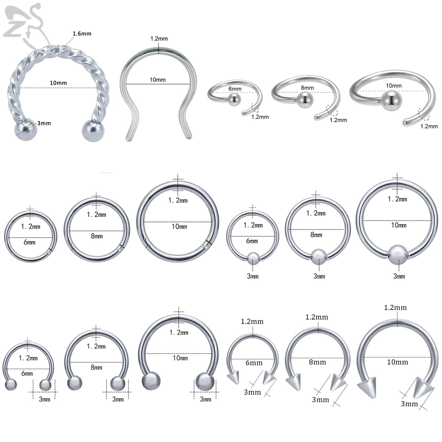ZS 1 PC Colored 316L Stainless Steel Nose Ring 16g&14g Clickr Septum Rings Tragus Cartilage Helix Lip Piercing Jewelry 6/8/10MM