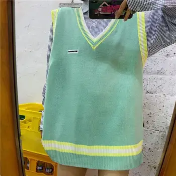 

Autumn Winter Women Sleeveless Pullover Korean Preppy Style Stripe Patchwork Vest Sweater Knit V Neck Oversize Vest