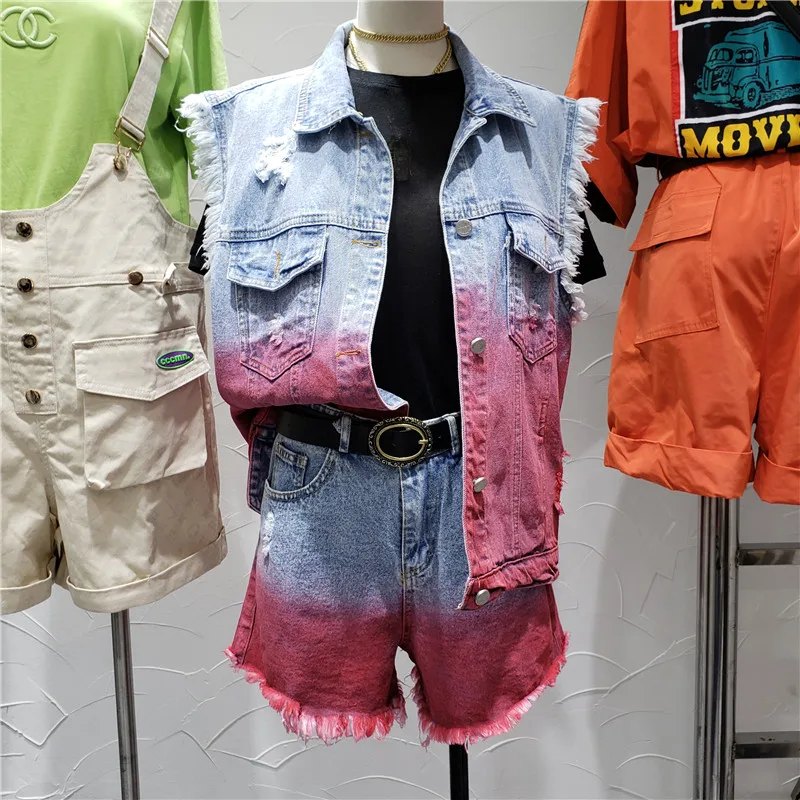 

Tie-Dye Color Vest Shorts Suit Female Summer New Burr Wash Denim Jacket +jeans Shorts Suits Women Jean Hot Pants Two-Piece Set