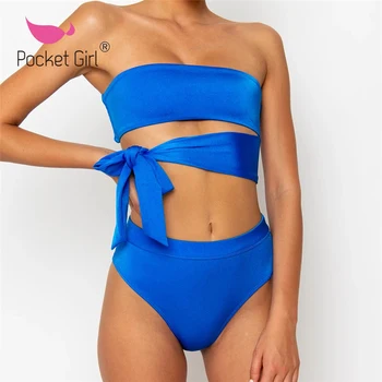 

Pocket Girl 2020 Bandeau Bikini Set High Waist Women Swimwear Bathing Suit Swimming Beach Wear Bikinis Mujer Brazilian Swimsuit