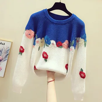 

Small Fresh Flower Embroidery Color Block Pullovers Knitted Top New Autumn Winter Fashion O Neck Loose Women Sweaters