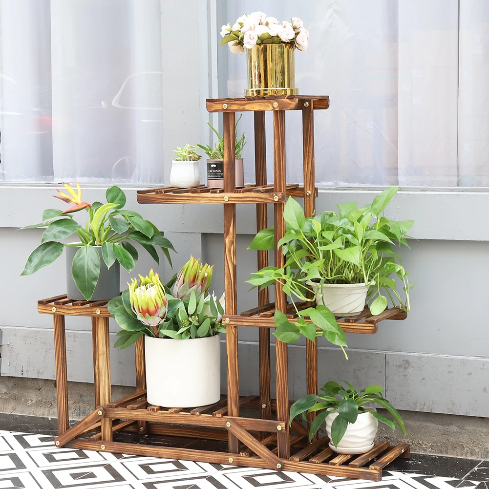 6 Tiered Wood Plant Flower Stand Shelf Planter Pots Shelves Rack Holder Display for Multiple Plants Indoor Outdoor Garden Patio — view 3