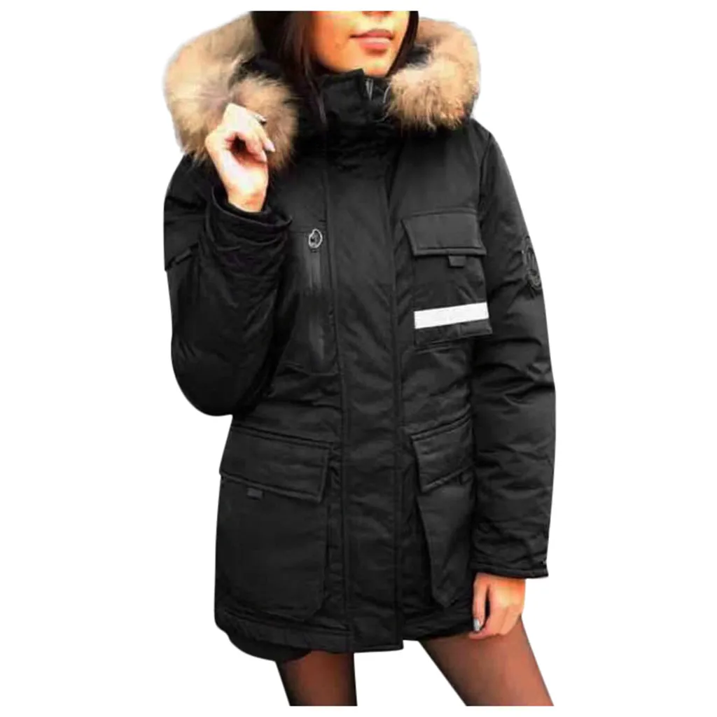 Светоотражающая Женская куртка с меховым капюшоном, Женская куртка, зимнее пальто для женщин, верхняя одежда, тонкая теплая белая розовая черная парка mujer - Цвет: Черный
