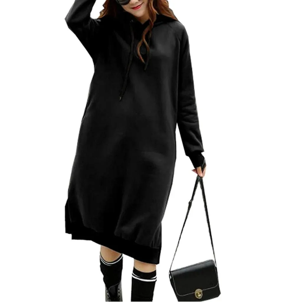 Robe hiver femme, женское платье, повседневное, одноцветное, с длинным рукавом, зимнее платье, с карманом, толстовка, с разрезом, платье, vestidos ropa mujer