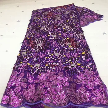 

2021 purple Hot Sale Sequins French Tulle Lace Fabric Colorful African Lace Fabric Sequence Lace Material for Party Wedding