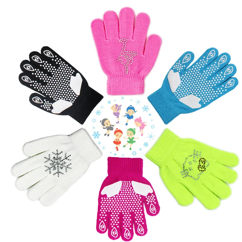 

Colorful Magic Figure Skating Wrist Gloves Training Warm Hand Protector Thermal Thicken Safety For Kids Rhinestone Glue Non-slip