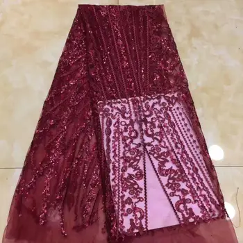 

5Yds Sequined Indian Lace Fabric Red Nigeria Mesh Voile Net Tulle Guipure Lace African Women Evening Dress Sequins Fabric FD1216