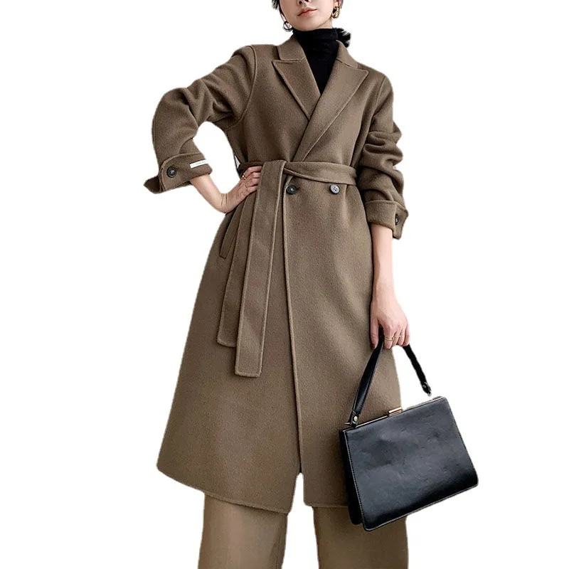 

2022 Black Brown Long Coat Imitated Woolen Winter Women Lapel Belt Simple Warm Elegant Ladies Overcoat Fashion N100