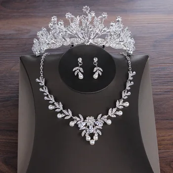 

Korean Crown Necklace Earrings Exquisite Flowers Zircon Three-Piece Wedding Jewelry sets bride Accessories women