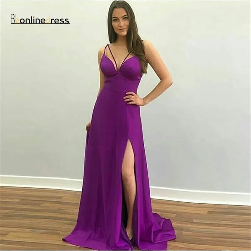 

Charming Purple Prom Dresses 2019 Satin A-Line Party Gowns Spaghetti Strap High-Split Long Prom Dresses Formal Gowns vestidos