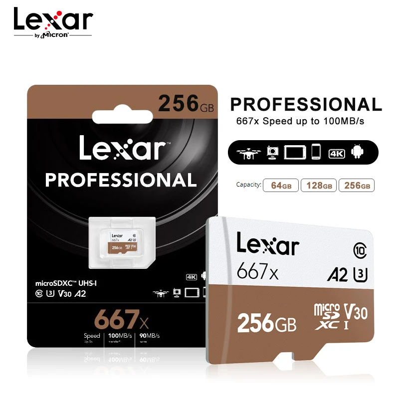 Lexar профессиональная карта памяти до 100 МБ/с. микро SD карты 667x C10 256 ГБ TF карта 128 ГБ Бесплатный адаптер для беспилотная спортивная видеокамера