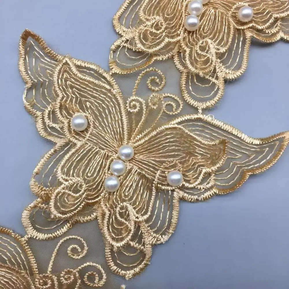 10x золото жемчуг бисером 7,5X11 см бабочка вышитые 3D цветок кружева края отделка DIY аппликация Ткань швейные принадлежности "сделай сам" свадебное платье
