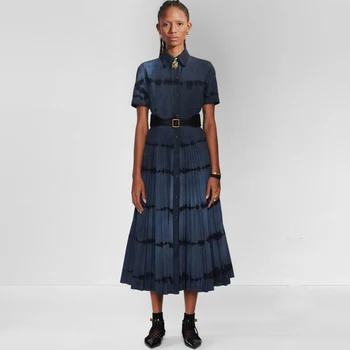 

Gedivoen Elegant Summer Dress Women Short Sleeve Belt Slim Blouses Style Pleated Dress Fashion Runway Female Dresses 2020