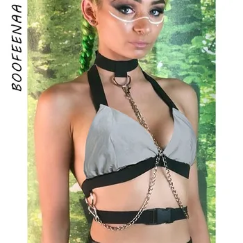 

BOOFEENAA Reflective Sexy Bralette Crop Top with Chain Rave Festival Club Halter Backless Tank Tops Gothic Clothing C67-AZ83