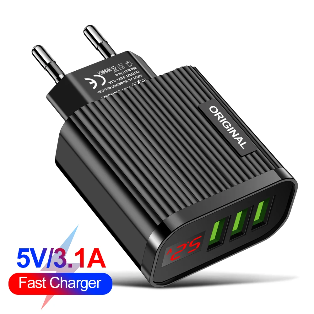 

3 Ports USB Charger EU US Plug LED Display 3.1A Fast Charging Smart Mobile Phone Charger For iphone Samsung Xiaomi Tablet