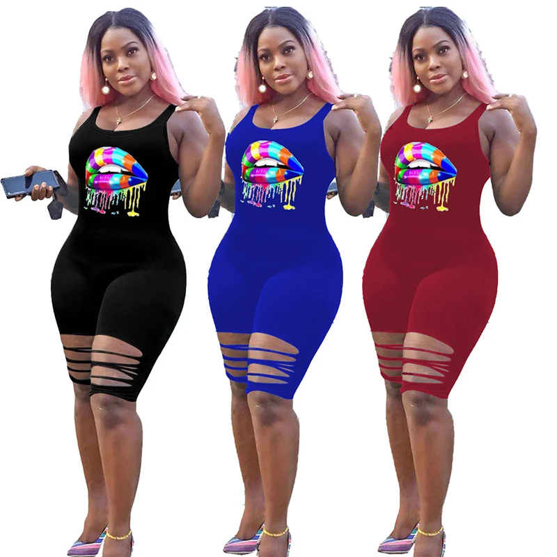 

Solid Color Tank Top Cartoon Lip Print Hole Summer Women Jumpsuit European and American Sexy Style Model Rompers Playsuit