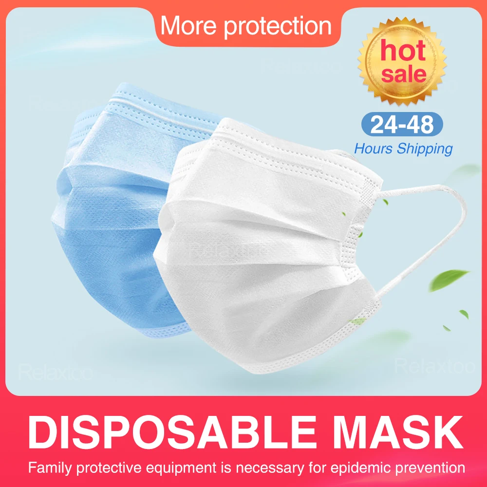 

50Pcs Disposable Face Mouth Mask Anti-virus Flu 3-Ply Safety Mask Anti Influenza Earloop Breathing white blue protection Masks