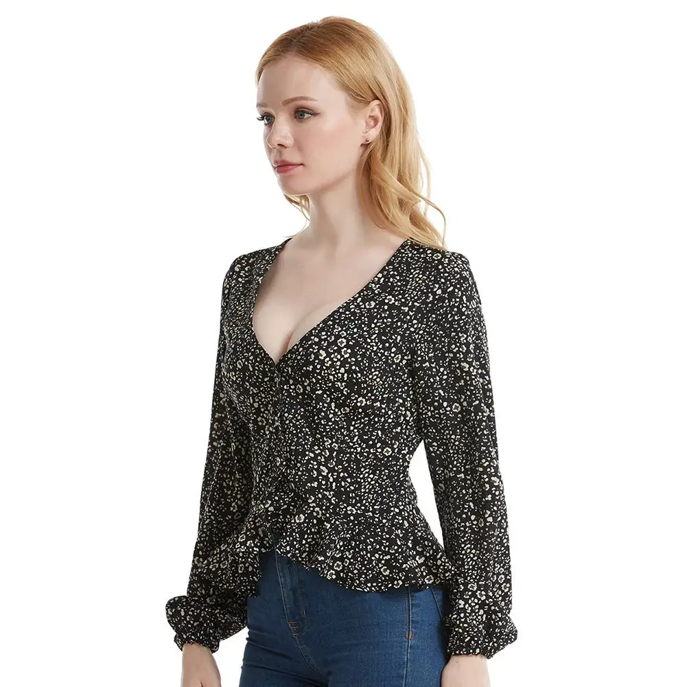 Women Blouse Elegant Dot Printed Blouses Fashion Sexy V-neck Casual Shirts Long Sleeve Ruffles Female Tops 1