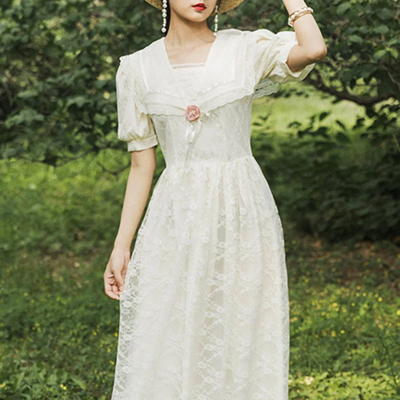 Французское кружевное платье для женщин белое Пышное Платье с рукавами