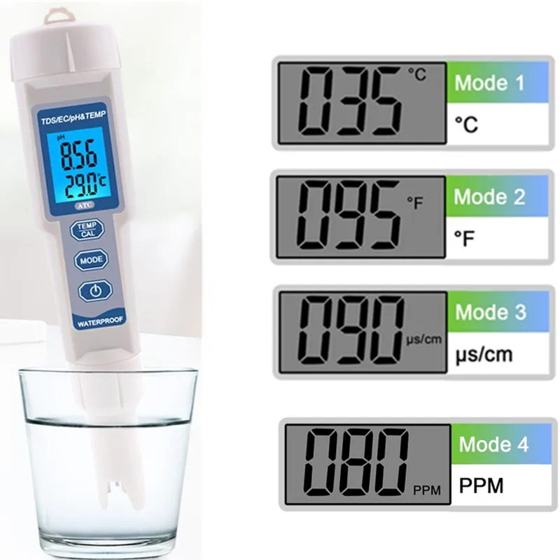 Цифровой рН-метр TDS EC Temp PH test er 4 в 1 TDS EC Meter термометр количество воды измерительное устройство Тестер кислотности ручка скидка 30