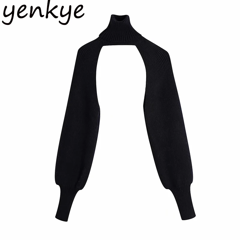New Fashion Women Knit Arm Warmer Turtleneck Sweater Lantern Sleeve Vintage Black Cropped jerseys Tops | Женская одежда