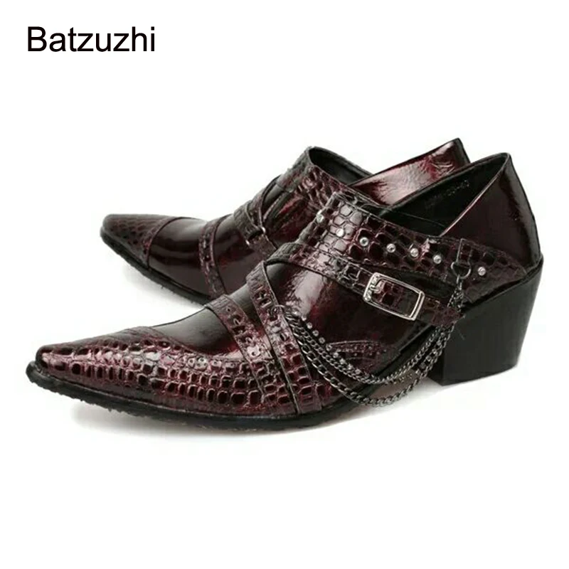 

Batzuzhi 6.5cm High Heels Men's Shoes Japanese Type Leather Dress Shoes Men Wine Red Business/Party/Wedding Shoes with Chians