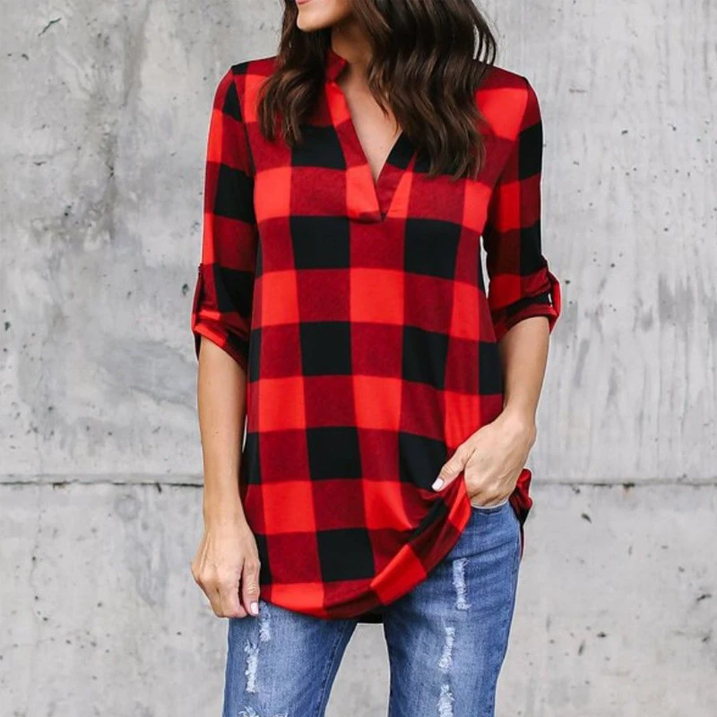 

Large size Plaid Long Sleeve Women Tunic Shirts Casual V Neck Top 2019 Fall Top Plus Size Women Clothing 4XL 5XL