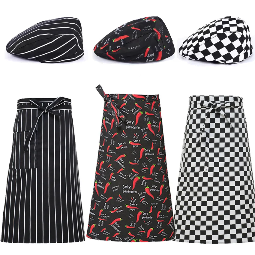 Restaurant Kitchen Chef Uniform Apron Cap Food Service Adjustable Bakery Cook Chili Striped Solid Elastic Chef Aprons Workwear